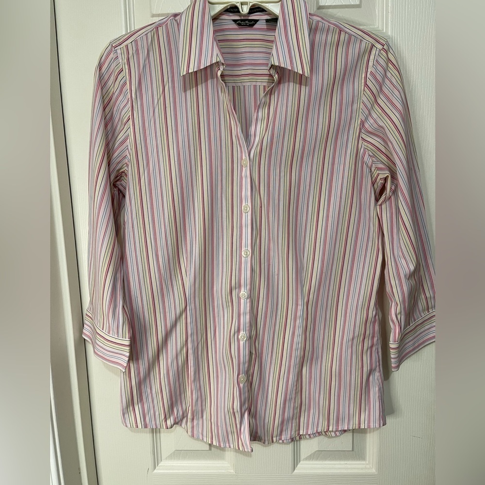 Eddie Bauer Pink Stipe Preppy Wrinkle Resistant Cotton Blend Shirt Small
